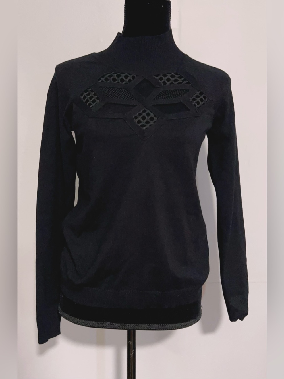 Cyrus Black Long-Sleeve Knit Sweater with Geometric Cutout Detail